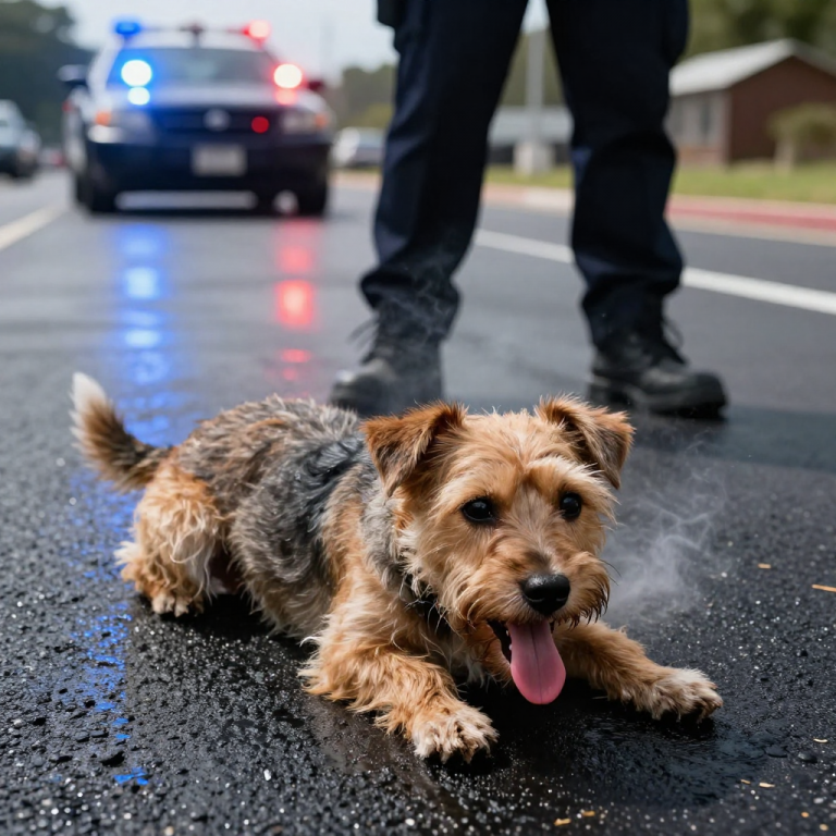 THEY LAUGHED AS THEY DRAGGED THE HELPLESS PUPPY ACROSS THE SCORCHING ASPHALT, MOCKING MY PLEAS TO STOP, UNTIL A SIREN CUT THROUGH THEIR CRUELTY AND AN OFFICER STEPPED OUT—NOT WITH A WARNING, BUT WITH HANDCUFFS AND A LOOK OF PURE, RIGHTEOUS FURY THAT WIPED THE SMIRKS OFF THEIR FACES FOREVER.