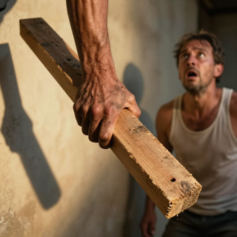 HE RAISED THE HEAVY WOOD TO STRIKE THE COWERING DOG, BUT HE NEVER EXPECTED MY HAND TO CATCH IT MID-AIR.