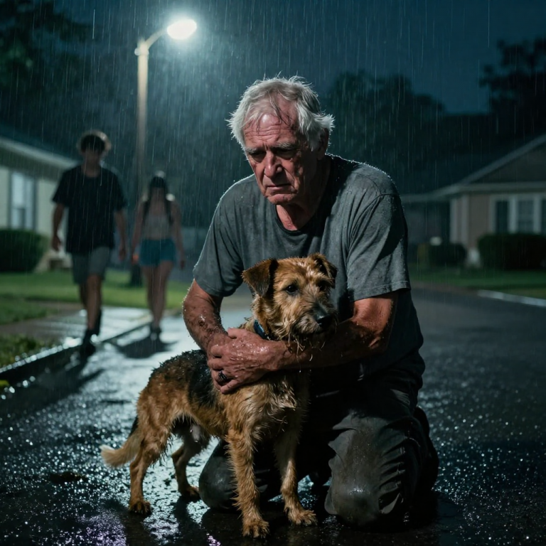 THEY LAUGHED AS THEY EMPTIED THE ICE BUCKET OVER THE TREMBLING DOG IN THE MIDDLE OF THE STORM, NEVER REALIZING THAT THE ‘CRAZY’ OLD MAN ACROSS THE STREET WAS WATCHING THEM, AND WHEN HE FINALLY STEPPED OFF HIS PORCH INTO THE RAIN, THE LOOK IN HIS EYES STOPPED THEIR HEARTS COLD.