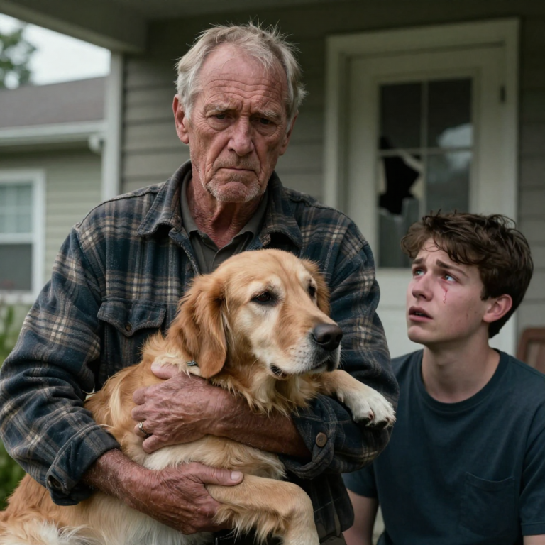 HE LAUGHED AS THE OLD DOG WHIMPERED ON THE FLOOR, THINKING NO ONE COULD TOUCH HIM IN HIS OWN HOUSE, BUT HE FORGOT WHO LIVED NEXT DOOR. THE MAN ACROSS THE FENCE WASN’T JUST A RETIREE WATERING HIS LAWN—HE WAS A VETERAN WHO HAD SEEN ENOUGH CRUELTY FOR ONE LIFETIME, AND WHEN HE HEARD THE COLLAR SNAP, HE DECIDED HE WAS DONE WAITING FOR PERMISSION TO ACT.