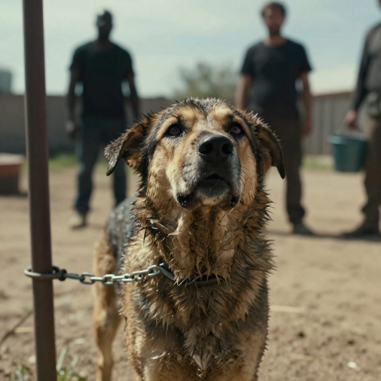 HE DUMPED ICE WATER ON A CHAINED DOG IN 100-DEGREE HEAT JUST TO STOP THE BARKING, LAUGHING AS THE POOR CREATURE SHIVERED VIOLENTLY IN THE BOILING MUD, BUT HE DIDN’T KNOW WHO WAS WATCHING. I had stayed silent for weeks, respecting the property line, telling myself to mind my own business, until I saw the animal collapse from the shock. I didn’t see a neighbor anymore; I saw a bully, and when I vaulted that fence, I made a silent promise that the abuse ended today.