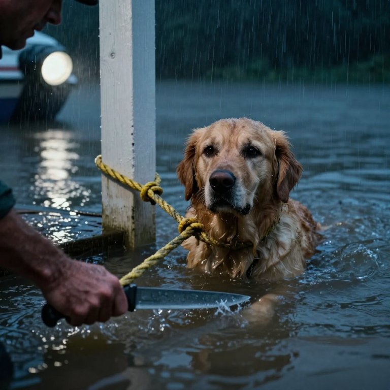 THEY PACKED THE SILVERWARE BUT LEFT HIM TIED TO THE RAILING AS THE RIVER ROSE TO HIS CHEST, AND AS THEIR TAILLIGHTS FADED INTO THE STORM, I KNEW I HAD THIRTY SECONDS TO CUT THAT ROPE BEFORE THE DARK WATER CLAIMED THE ONLY SOUL IN THIS HOUSE WORTH SAVING.