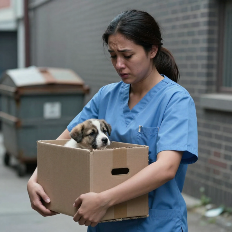 HE LAUGHED AS HE SHOVED THE CARDBOARD BOX TOWARD THE DUMPSTER, THINKING NO ONE WAS WATCHING, BUT HE DIDN’T KNOW I WAS STANDING RIGHT THERE WITH NOTHING LEFT TO LOSE. “IS THIS A JOKE TO YOU?” I SCREAMED, MY VOICE CRACKING NOT FROM FEAR BUT FROM A RAGE THAT SILENCED THE ENTIRE STREET, AS I SNATCHED THE DYING PUPPY FROM HIS HANDS AND REALIZED I HAD JUST MADE A PROMISE I COULDN’T AFFORD TO KEEP.