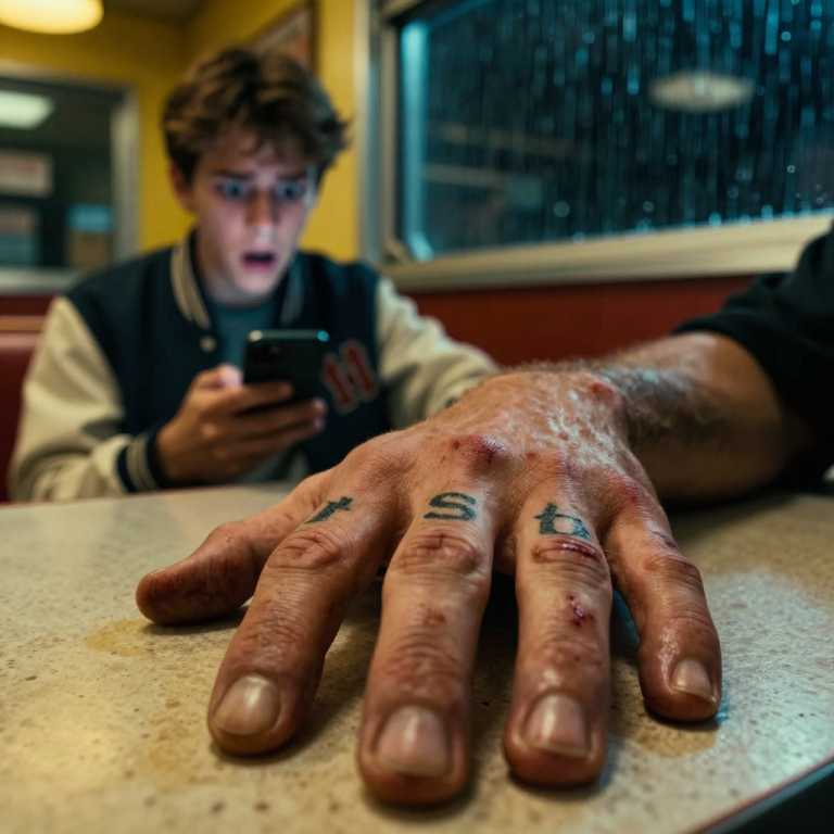 THEY PINNED THE STRAY DOG’S TAIL UNDER THE METAL LEG OF A CHAIR JUST TO RECORD ITS CRIES FOR CLOUT, LAUGHING IN MY FACE WHEN I BEGGED THEM TO STOP. THE DINER WENT DEATHLY SILENT WHEN THE MASSIVE MAN IN THE CORNER STOOD UP, BOLTED THE FRONT DOOR, AND ROLLED UP HIS SLEEVES TO REVEAL THE WORD “JUSTICE” SCARRED ACROSS HIS KNUCKLES.