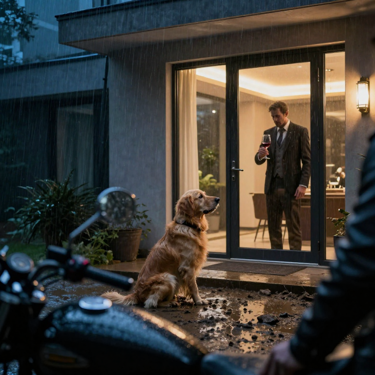 HE LAUGHED AS HE KICKED THE SHIVERING DOG INTO THE FREEZING RAIN, SCREAMING THAT HIS MONEY MADE HIM GOD IN THIS NEIGHBORHOOD, BUT HE FORGOT THAT KARMA SOMETIMES RIDES ON TWO WHEELS. I stood helpless behind my curtains as he threw a heavy patio chair at the cowering golden retriever, leaving the loyal animal to whimper in the mud, until the ground began to shake and fifty leather-clad bikers pulled into his driveway to teach him that respect isn’t bought.