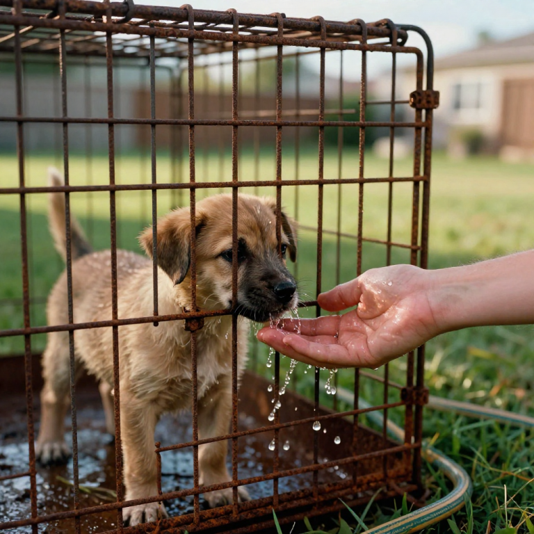 HE STOOD ON THE PORCH SIPPING ICE WATER WHILE FOUR PUPPIES LICKED THE RUST OFF THEIR CAGE BARS JUST TO FEEL MOISTURE ON THEIR TONGUES, AND WHEN I SAW HIM TURN HIS BACK ON THEIR WHIMPERS FOR THE THIRD DAY IN A ROW, I STOPPED CARING ABOUT THE LAW. I DIDN’T ASK FOR PERMISSION TO ENTER HIS YARD, AND I DIDN’T WAIT FOR THE POLICE TO TELL ME IT WAS OKAY TO SAVE A LIFE—I JUST GRIPPED THE COLD IRON OF THE FENCE AND DECIDED THAT IF HE WOULDN’T GIVE THEM WATER, I WOULD GIVE THEM THEIR FREEDOM.