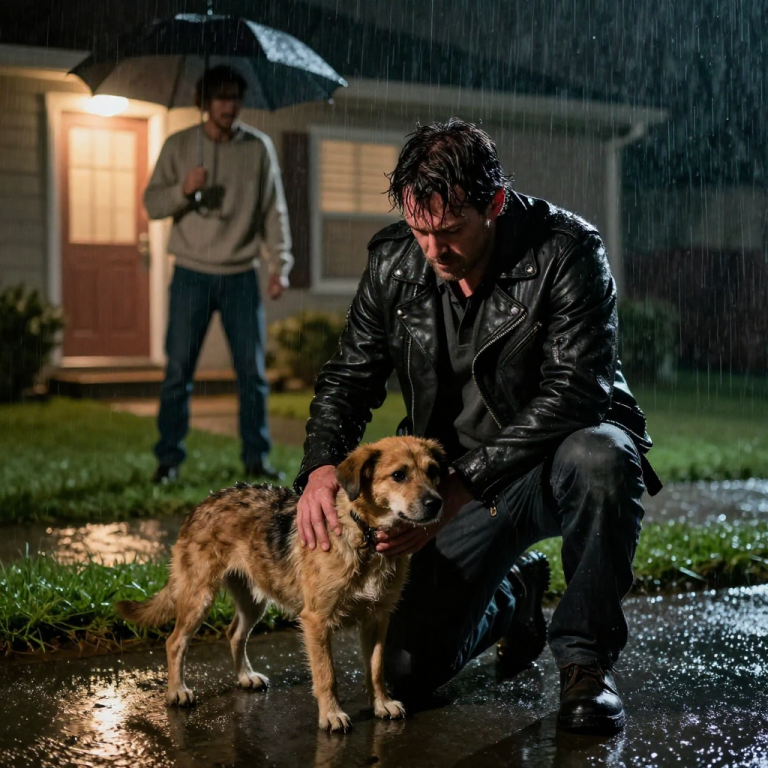 HE WAS SCREAMING AT A SHIVERING DOG FOR STEPPING ON HIS PERFECT LAWN, BUT WHEN HE SAW ME KICK DOWN THE STAND OF MY HARLEY, HIS VOICE SUDDENLY VANISHED. I stood between his manicured grass and the terrified animal, asking if his property value was worth more than a life, and he backed away in silence.