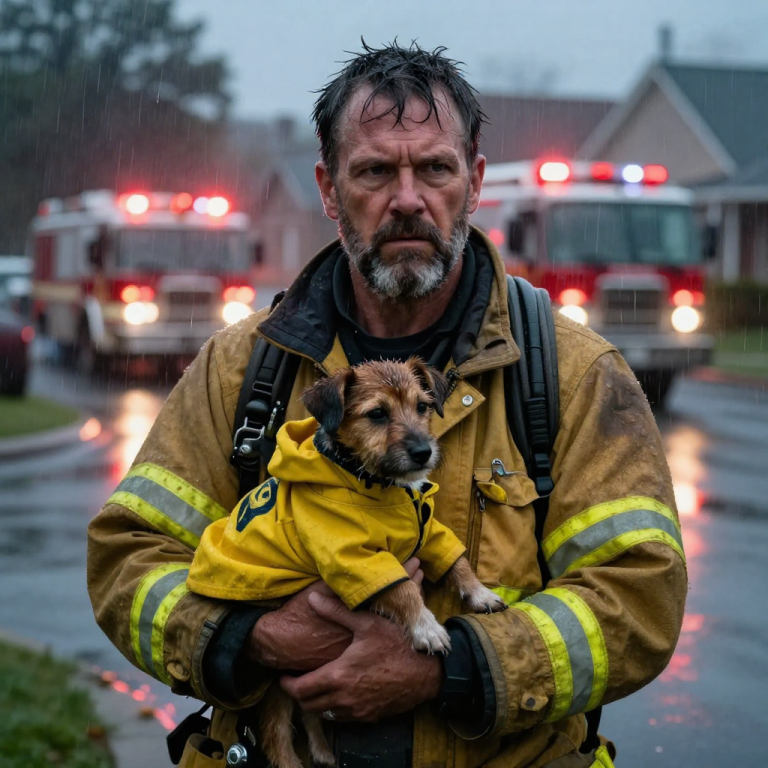 HE SCREAMED AT THE SHIVERING DOG AND THREW HIM INTO THE FLOODED GUTTER LIKE TRASH, BUT HE DIDN’T SEE THE FIRE TRUCK IDLING BEHIND HIM UNTIL THE CAPTAIN STEPPED OUT.