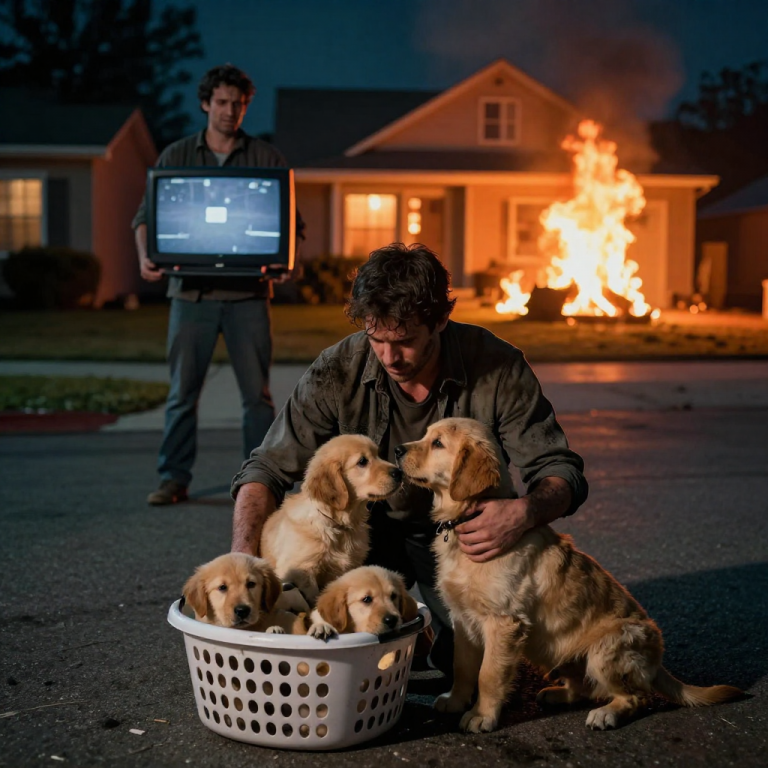 HE GRABBED THE FLATSCREEN AND LEFT HER TO BURN, BUT I COULDN’T LET A MOTHER DIE FOR A MAN’S GREED. THE HEAT WAS ALREADY MELTING THE SIDING OFF THE HOUSE WHEN HE STUMBLED OUT, CLUTCHING A SIXTY-INCH TV LIKE IT WAS HIS OWN CHILD, SHOUTING THAT THE PLACE WAS A TOTAL LOSS. BUT THROUGH THE ROAR OF THE FLAMES, I HEARD A HIGH-PITCHED YELP FROM THE BACK ROOM, A DESPERATE SOUND THAT STOPPED MY HEART BECAUSE I KNEW BELLA HAD SIX PUPPIES IN THERE SHE REFUSED TO LEAVE BEHIND. I LOOKED AT THE MAN WIPING ASH OFF HIS ELECTRONICS, THEN I LOOKED AT THE BLACK SMOKE BILLOWING FROM THE DOORWAY, AND I DIDN’T EVEN THINK—I JUST RAN STRAIGHT INTO THE HELL HE HAD ABANDONED.