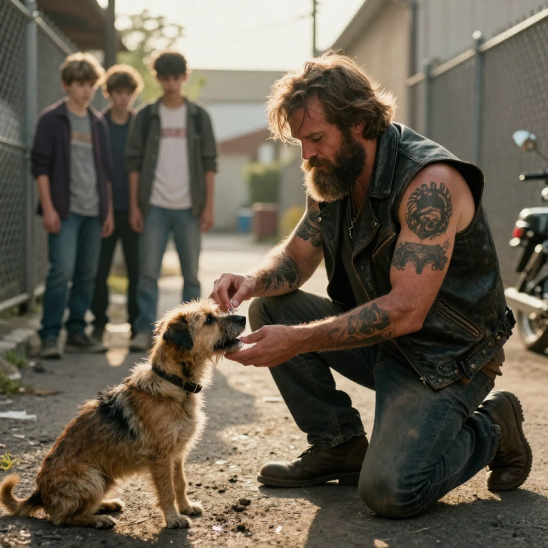 THEY THOUGHT NO ONE CARED ABOUT THE STRAY DOG WHIMPERING IN THE ALLEY, LAUGHING AS THEY TRAPPED IT IN THE CORNER, BUT THE LAUGHTER DIED INSTANTLY WHEN TWENTY BIKERS ROLLED IN, SHUT OFF THEIR ENGINES, AND FORMED A WALL OF LEATHER AND SILENCE THAT SAID MORE THAN A THOUSAND THREATS EVER COULD.