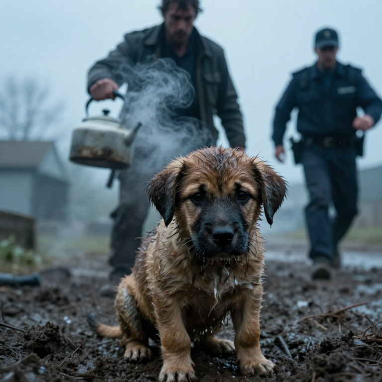 HE POURED THE BOILING KETTLE OVER THE PUPPY’S BACK WHILE LAUGHING, TELLING ME TO MIND MY OWN BUSINESS OR I WOULD BE NEXT. I stood frozen in the rain, watching the steam rise from the poor animal’s fur, paralyzing fear gripping my chest until the sound of tires screeching shattered the nightmare and strangers rushed in to save us.