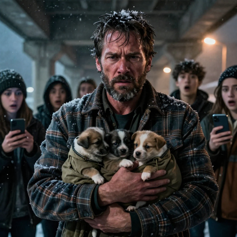 THEY STOOD THERE LAUGHING AND RECORDING WHILE FOUR HELPLESS PUPPIES FROZE TO THE CONCRETE BENEATH THE OVERPASS, THINKING IT WAS JUST HARMLESS CONTENT FOR THEIR FEEDS, BUT THEY DIDN’T REALIZE WHO WAS WALKING OUT OF THE BLIZZARD TO TEACH THEM A LESSON THAT WOULD SILENCE THEIR LAUGHTER FOREVER.