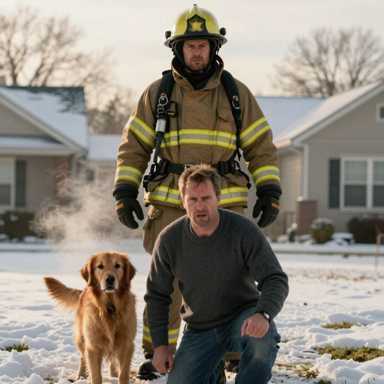 I WATCHED MY NEIGHBOR EMPTY A BUCKET OF FREEZING WATER ON HIS DOG JUST TO HEAR IT WHIMPER, BUT HE DIDN’T NOTICE THE FIREFIGHTER WATCHING FROM THE STREET. The silence that followed was heavy, broken only by the crunch of heavy boots on snow as the captain marched up the driveway, his face set in stone. What happened next wasn’t a fight—it was a total dismantling of a bully.
