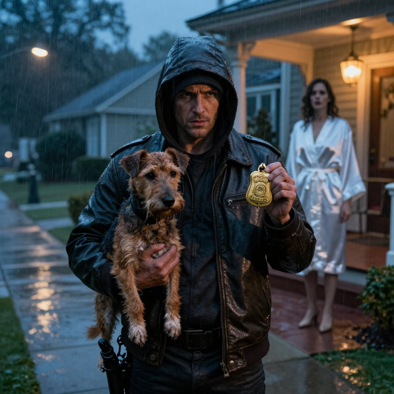 SHE SCREAMED “IT’S JUST A FILTHY ANIMAL” AS SHE KICKED THE SHIVERING DOG OFF HER MARBLE PORCH INTO THE FREEZING MUD, WIPING HER EXPENSIVE HEELS WITH A LOOK OF PURE DISGUST. SHE DIDN’T REALIZE THE MAN WATCHING FROM THE UNMARKED CAR WASN’T JUST A NEIGHBOR, BUT A VETERAN DETECTIVE WHO HAD SPENT HIS LIFE HUNTING PREDATORS, AND I WAS ABOUT TO TEACH HER THAT HER HUSBAND’S MONEY COULDN’T STOP THE HANDCUFFS FROM CLICKING SHUT.