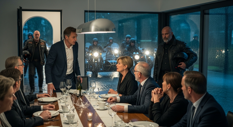 Ein Glas zerbrach plötzlich auf dem Boden, um 20:44 Uhr, alle sahen mich an, niemand sagte etwas, mein Mann wich meinem Blick aus, draußen hörte man Motoren, mehrere Motorräder hielten vor dem Haus, und als sich die Tür öffnete, wurde es im ganzen Raum still, als hätte jeder genau diese Person erkannt.