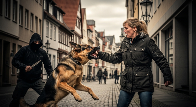 Ein Schäferhund sprang plötzlich auf mich zu, um 18:22 Uhr, alle schrien, meine Nachbarin zog ihr Kind zurück, ich dachte, er würde mich angreifen, doch im letzten Moment stellte er sich direkt vor mich und begann laut zu bellen… auf jemanden hinter mir.