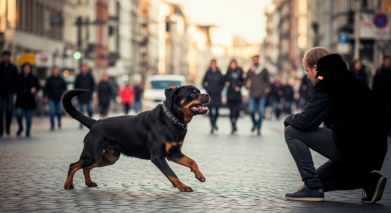 Ein Rottweiler riss sich plötzlich von der Leine los, um 19:41 Uhr, die Leute sprangen sofort zur Seite, jemand schrie, ich solle mich nicht bewegen, der Besitzer rannte hinterher, doch der Hund kam direkt auf mich zu, langsamer als erwartet, fast vorsichtig, blieb stehen, sah mich nicht einmal an, sondern ging einen Schritt zur Seite und begann laut zu bellen, genau in die Richtung, aus der ich gerade gekommen war.