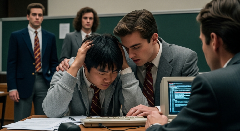 “Sie lachten über das „schlechte Englisch“ des asiatischen Austauschschülers im Jahr 1984. Sie ahnten nicht, dass seine Abschlussprüfung kein Geschichtsaufsatz war… es war ein perfekt kodierter Erpresserbrief an den Direktor.”