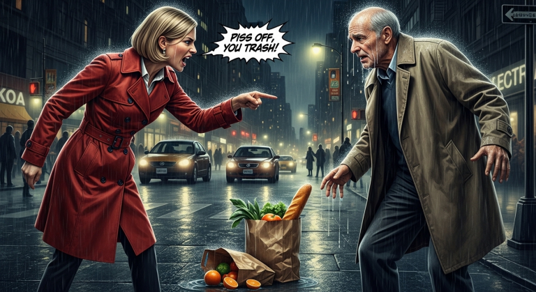 „Verpiss dich, du Müll!“ – Wie eine eiskalte Großstadt-Karen einen wehrlosen Rentner in den strömenden Regen stieß, sein Essen zerstörte und ich alles riskierte, um ein schockierendes Geheimnis ans Licht zu zerren!