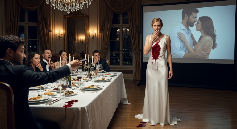 Ich habe das elitäre Luxus-Dinner meiner hinterhältigen Frau mit einem einzigen Klick in einen totalen Albtraum verwandelt – als ihr schmutziges Geheimnis mit meinem besten Freund über den Großbildschirm flimmerte und roter Wein ihr unschuldiges Weiß komplett ruinierte.