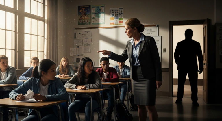 Die rassistische Arroganz dieser Lehrerin zerbricht an einer Wahrheit, die sie niemals kommen sah, als sie das hilflose asiatische Mädchen vor der gesamten Klasse bloßstellte – doch der Schatten im Türrahmen wird ihr Schicksal besiegeln.