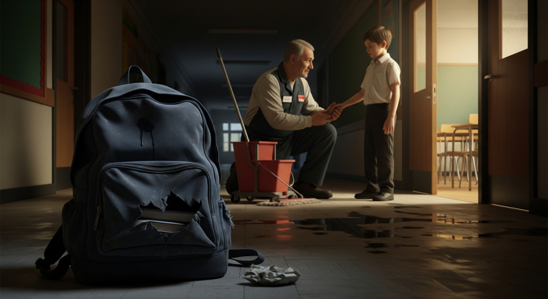 Wenn das Lachen verstummt: Das dreckige Geheimnis hinter dem zerrissenen Rucksack und warum die ganze Schule erstarrte, als der Hausmeister die Hand des Jungen küsste. 🎒💔
