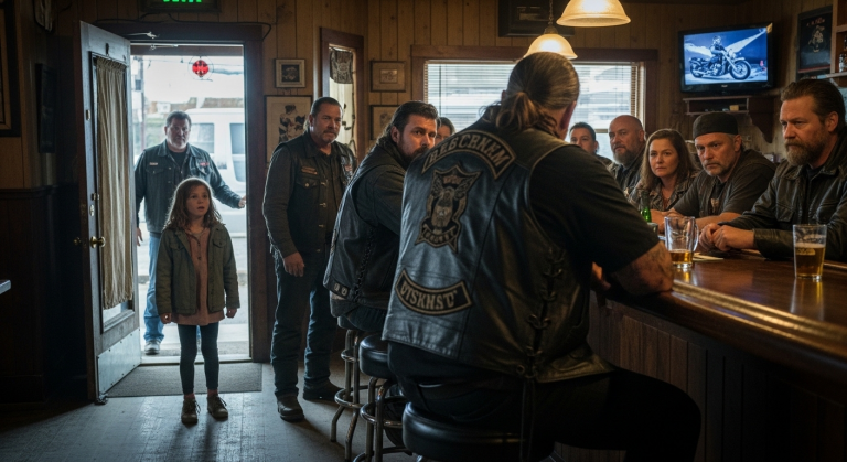 Dieses zitternde kleine Mädchen flüsterte, dass ihr Dad auf dem Weg sei, und der krasse Twist, der danach passierte, ließ einem das Blut in den Adern gefrieren – als ein knallharter Biker aufstand und der ganze verdammte Diner ihm folgte!