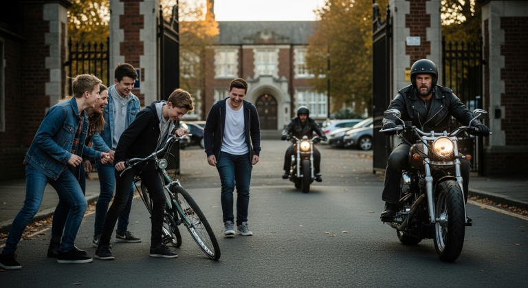 Diese arroganten Highschool-Bullies dachten, sie könnten das Fahrrad des wehrlosen Kids zerstören und ungeschoren davonkommen – bis das ohrenbetäubende Grollen eines tiefschwarzen Choppers den Asphalt zum Beben brachte und der gefährlichste Biker der Stadt abstieg.