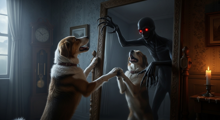Mein Hund bellte jeden verdammten Abend den antiken Flurspiegel an. Wir dachten, er spinnt völlig – bis sein Spiegelbild sich plötzlich von selbst bewegte. Was dann passierte, wird dir für immer den Schlaf rauben…