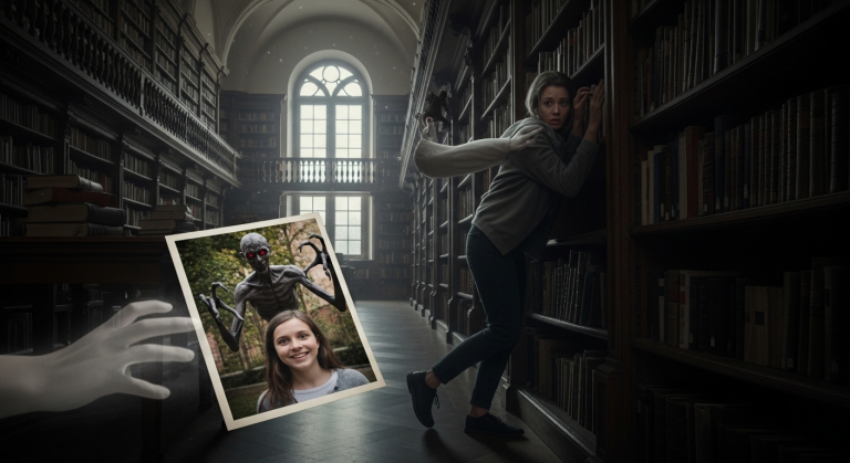 EDu bist allein in der Heidelberger Bib, wirst von einem Geist brutal gegen ein Regal gepusht und findest ein Foto von dir – mit einem verdammten Schatten-Stalker direkt hinter dir! Was dann passiert, lässt dein Blut in den Adern gefrieren…