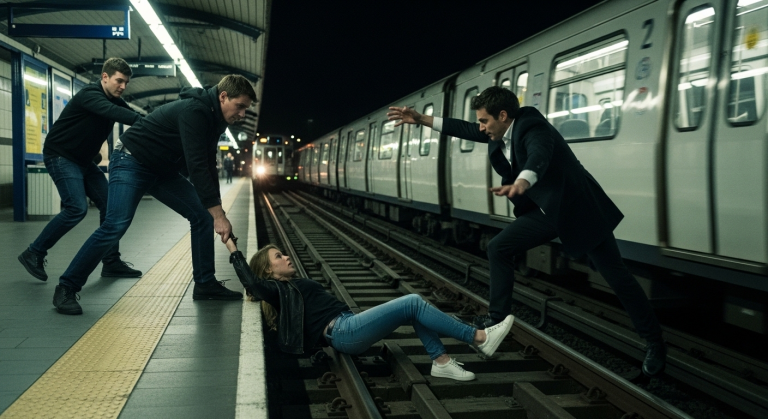 Sie rochen nach billigem Wodka, als sie mich an der U-Bahn umzingelten. Einer riss mir die Tasche weg, schubste mich brutal auf die kalten Gleise und lachte hämisch auf. Der Zug rollte an, der Wind peitschte mir ins Gesicht. Plötzlich sprang jemand zu mir hinunter – nicht, um mich zu retten, sondern um etwas Unfassbares zu tun.
