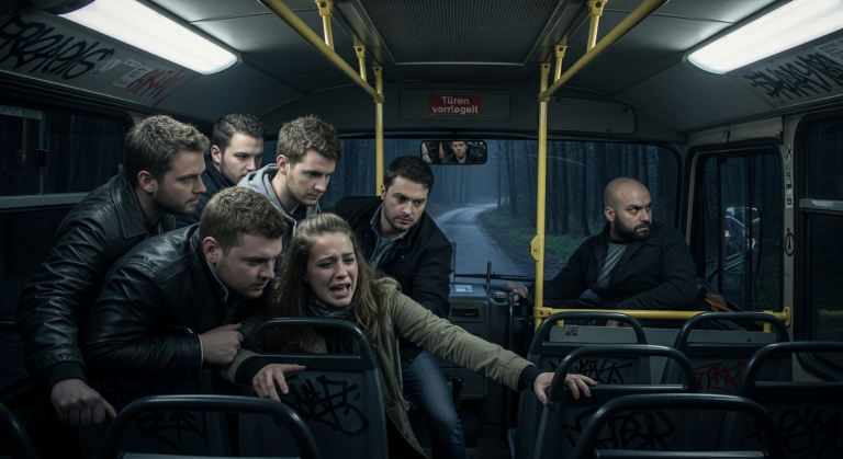 Im leeren Nachtbus umzingelten sie mich. Fünf aggressive, betrunkene Männer. Sie schubsten mich von Sitz zu Sitz, rissen an meinen Haaren und lachten abartig. Der Fahrer starrte nur stumm in den Rückspiegel, während ich flehentlich weinte. Doch anstatt an der nächsten Haltestelle zu stoppen, bog er in einen dunklen Waldweg ein und verriegelte die Türen.