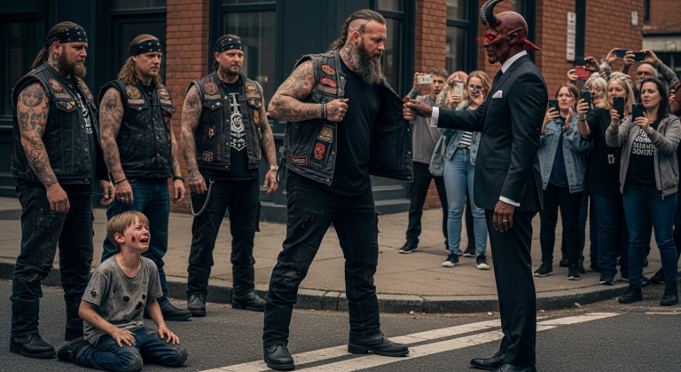 Die Gaffer zückten ihre Handys, bereit den „Angriff“ der tätowierten Biker-Horde auf den weinenden Jungen zu filmen, doch als der Anführer seine Leder-Rüstung ablegte, begriffen sie, dass der wahre Teufel im Designeranzug neben ihnen stand und die Maske der Anständigkeit endlich zerbrach.