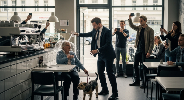 Ein Glas Wasser flog direkt in das Gesicht der alten Frau, nur weil ihr Golden Retriever versehentlich den teuren Anzug des jungen Geschäftsmanns gestreift hatte. “Verschwinde mit dieser Bestie!” brüllte er und stieß den Stuhl zur Seite, sodass die Dame fast stürzte. Ich trat vor, baute mich vor ihm auf und sagte nur einen Satz, der sein ganzes Leben ruinierte.