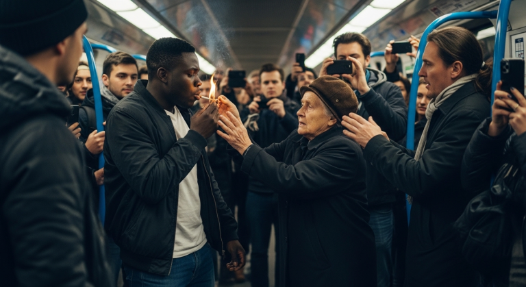 In der vollbesetzten S-Bahn drückte ein betrunkener Mann seine brennende Zigarette auf dem Arm des schwarzen Austauschschülers aus und grinste: “Hier ist kein Platz für dich.” Die Fahrgäste starrten auf ihre Handys, bis eine alte Dame aufstand, dem Mann eine schallende Ohrfeige gab und etwas sagte, das die gesamte Waggon-Atmosphäre gefrieren ließ.