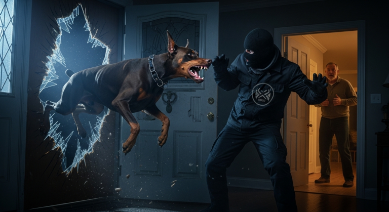 Dieser muskulöse Doberman riss die Haustür aus den Angeln und stürzte sich wie ein geölter Blitz auf den Schatten im Flur – alle dachten, das Tier sei eine blutrünstige Bestie, doch die Wahrheit unter seinen messerscharfen Fängen ließ eine ganze Stadt vor Entsetzen erzittern.