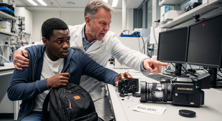 Alle beschuldigten den schwarzen Studenten, die teure Kamera im Labor zerstört zu haben, weil er “zu dumm für die Technik” sei. Der Laborleiter packte ihn am Kragen und drohte mit Exmatrikulation. Erst als die Überwachungskamera ausgewertet wurde, sah man das schockierende Gesicht des wahren Täters