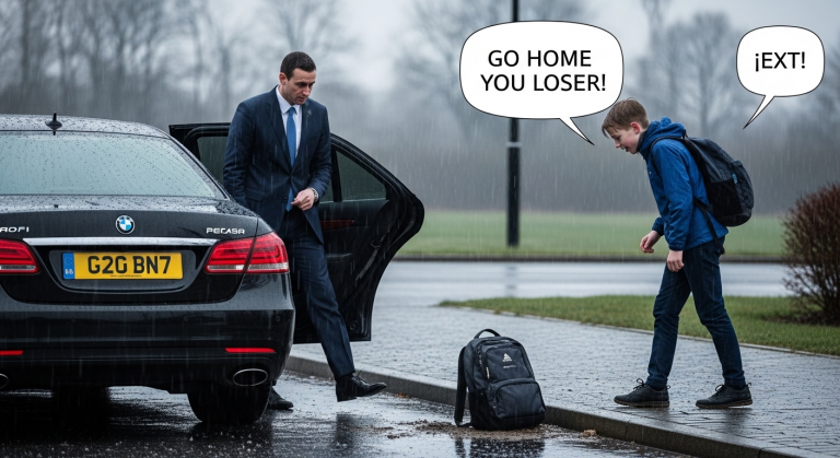 „Lauf nach Hause, Versager!“ lachte der Jock, während er das Leben des Jungen in den Dreck kickte, doch als diese schwarzen Fenster im Regen herunterrollten, war das Spiel für den Bully vorbei – die Rache kommt auf vier Rädern.