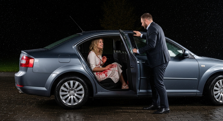 Er warf ihren Koffer mitten in den strömenden Regen auf die Autobahn und schrie: „Verschwinde zu deinem Liebhaber!“ Sie weinte nicht, sie lachte nur hysterisch, während sie auf ihr blutiges Kleid starrte. „Schau mal auf den Rücksitz, Schatz“, flüsterte sie khalt, „dort ist das einzige, was dir jemals etwas bedeutet hat.“