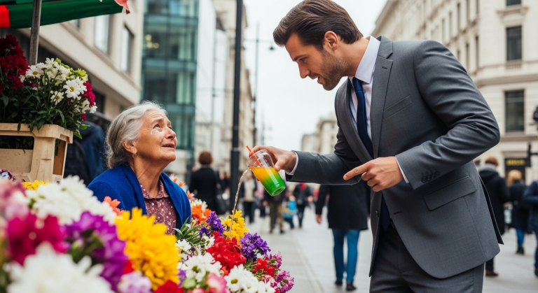 Dieser arrogante Wall-Street-Hai schüttete eiskalt seinen Macchiato über die Blumen einer weinenden alten Straßenverkäuferin und drohte mit den Cops – bis eine Flotte schwarzer Limos vorfuhr und der Bürgermeister von New York ehrfürchtig auf die Knie fiel.