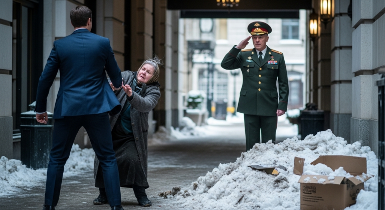 Er warf seine eigene Mutter wie wertlosen Müll in den dreckigen Schnee, weil sie nicht in seine snobistische High-Society-Welt passte – aber dieser eiskalte Yuppie ahnte nicht, dass ein hochrangiger General vor ihr salutieren und sein Fake-Imperium pulverisieren würde.