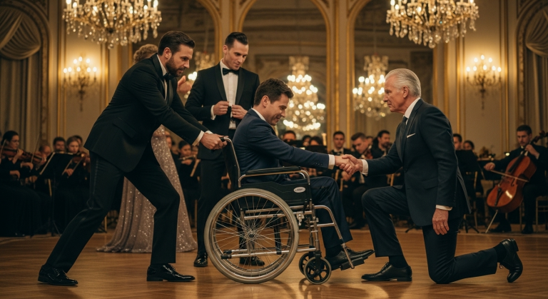 Als dieser elitäre Gastgeber den wehrlosen Rollstuhlfahrer brutal beiseitestieß, um zu tanzen, ahnte der narzisstische CEO nicht, dass der mächtige Milliardärs-Ehrengast vor genau diesem Mann demütig auf die Knie fallen würde!