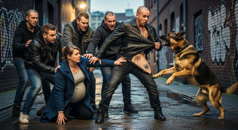 Sie stießen die schwangere Frau brutal zu Boden und lachten über ihre Tränen, während sie im Schlamm lag. Doch dann schoss mein Deutscher Schäferhund wie ein Blitz aus dem Schatten, packte den Anführer am Arm und zwang die ganze Bande mit einem tiefen Grollen in die Knie.