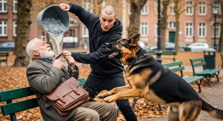 Er schüttete eiskaltes Wasser über den wehrlosen alten Mann und riss ihm die Tasche weg, während er ihn als nutzlos beschimpfte. Mein treuer Hund zögerte keine Sekunde, sprang dazwischen, fletschte die Zähne direkt vor seinem Gesicht und beschützte den zitternden Opa vor weiteren Schlägen dieser herzlosen Monster.