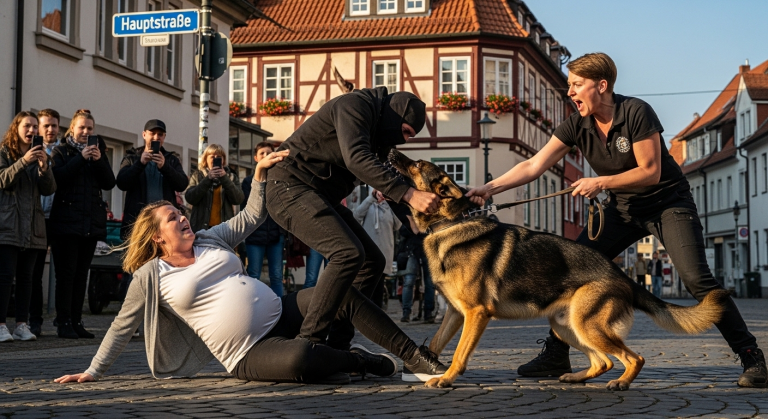 Mit hasserfülltem Gesicht riss er der schwangeren Frau die Tasche weg und stieß sie gegen eine Mauer. Er ahnte nicht, dass mein Deutscher Schäferhund hinter ihm bereits zum Sprung ansetzte, um das Unrecht mit einer Brutalität zu rächen, die die Passanten den Atem anhalten ließ.