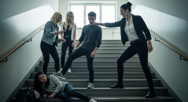 Ein harter Stoß in den Rücken schickte mich erbarmungslos die Treppe hinunter. Mein Körper schlug schmerzhaft auf, während sie oben standen und „China-Puppe!“ riefen. Mit blutenden Knien und zerrissener Seele wartete ich auf den nächsten Schlag, aber die Anführerin der Schulclique rannte unerwartet zu mir hinab und verpasste dem Täter eine schallende Ohrfeige.