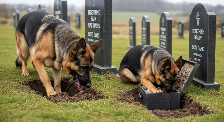Drei Tage lang wühlte der traumatisierte Schäferhund wie von Sinnen im Grab seines toten Herrchens, bis das Blut spritzte. Das ganze Dorf wollte die Bestie wegsperren – doch dann stieß er auf eine vergrabene Metallbox, die ein unfassbares, lebensveränderndes Geheimnis barg!