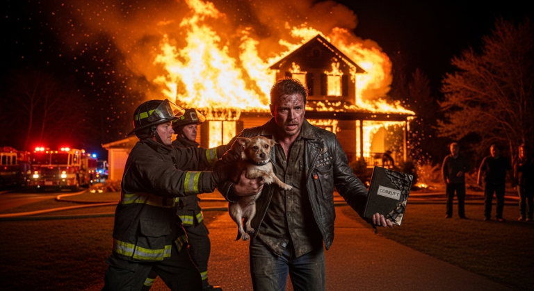 Dieser knallharte Biker fackelte nicht lange und stieß den schmierigen Hai brutal gegen das Feuerwehrauto, bevor er in die Flammenhölle rannte – was er aus dem Inferno holte, bringt heute das verdammte Rathaus zu Fall!