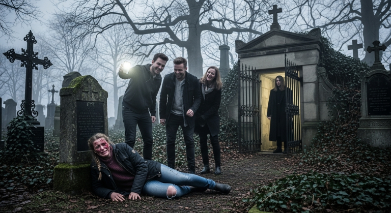 Kaltes Wasser klatschte auf meine Haut, als meine Kolleginnen mich gnadenlos auf dem Friedhof aussetzten. Mit spöttischem Grinsen zeigten sie auf mich: „Bleib bei den Geistern!“ Mein Herz pochte vor unerträglichem Schmerz und Panik. Plötzlich öffnete sich die Gruft hinter mir und ein stummer Retter in Schwarz zog mich in die Sicherheit.