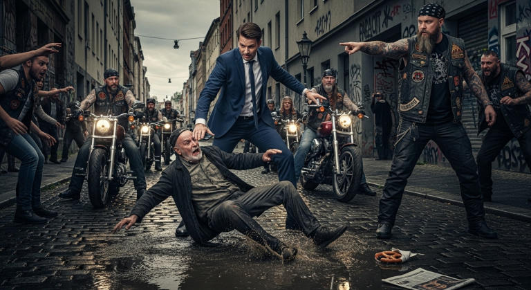 Er lachte hämisch, trat dem weinenden alten Mann den Gehstock weg und stieß ihn brutal in den kalten Matsch. Der Opa lag hilflos am Boden. Plötzlich verdunkelten dutzende ohrenbetäubende Chopper die Straße. Was der Biker-Präsident dann tat, ließ den Angreifer um Gnade flehen.